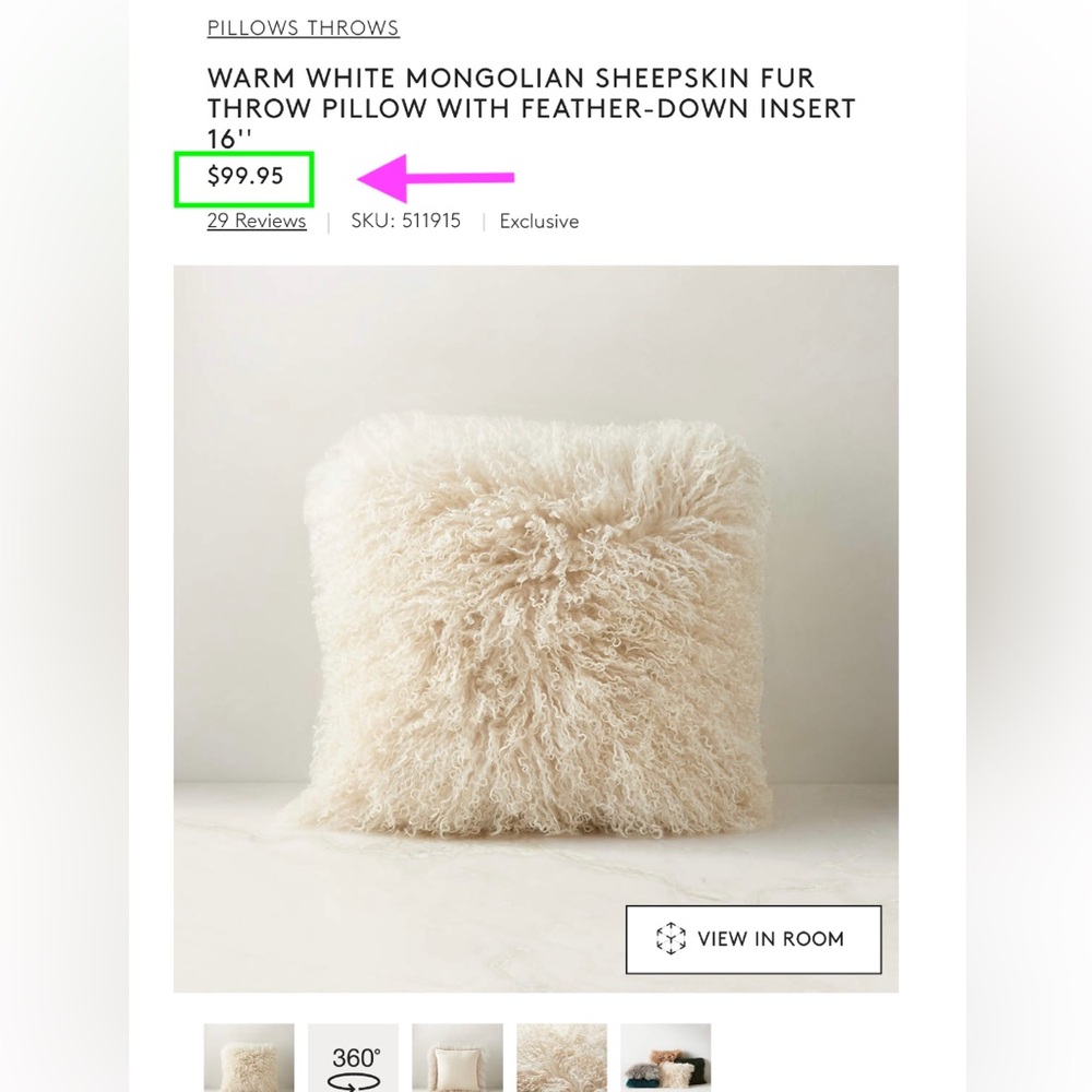 CB2 MONGOLIAN LAMB THROW PILLOW Grey With Premium Down Insert 16" $110 Retail